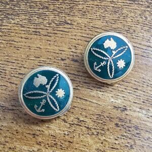 Vintage Amor Sydney Australia Clip On Stud Earrings Green Gold Enamel Round